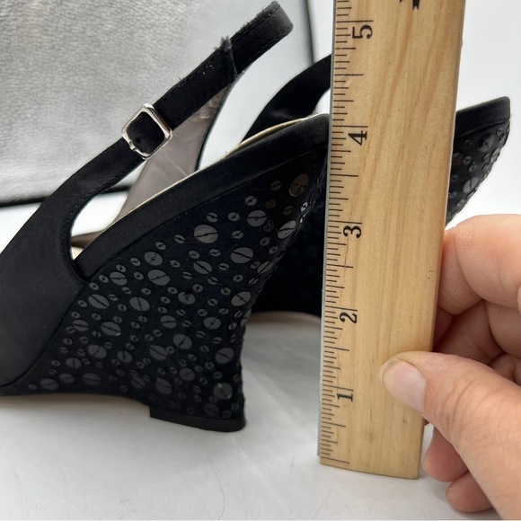 Steve Madden Shimer Black Slingback Buckle Sequin Peep Round Toe Wedge Heels - Picture 2 of 10